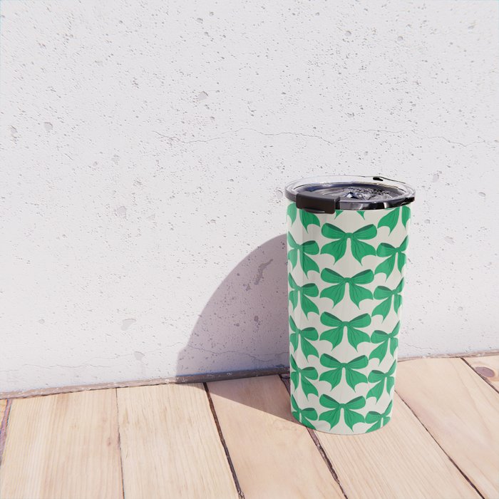 Elegant Green Bow Pattern - Festive Holiday Design Travel Mug Gallery Image 4