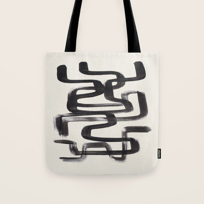 Mid Century Modern Minimalist Abstract Art Brush Strokes Black & White Ink Art Pipe Maze Tote Bag Gallery Image 1