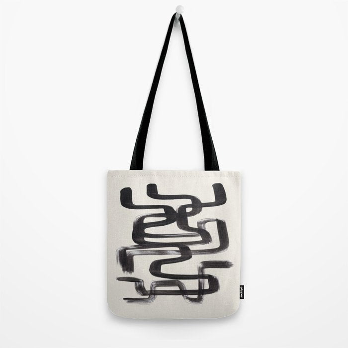 Mid Century Modern Minimalist Abstract Art Brush Strokes Black & White Ink Art Pipe Maze Tote Bag Gallery Image 2