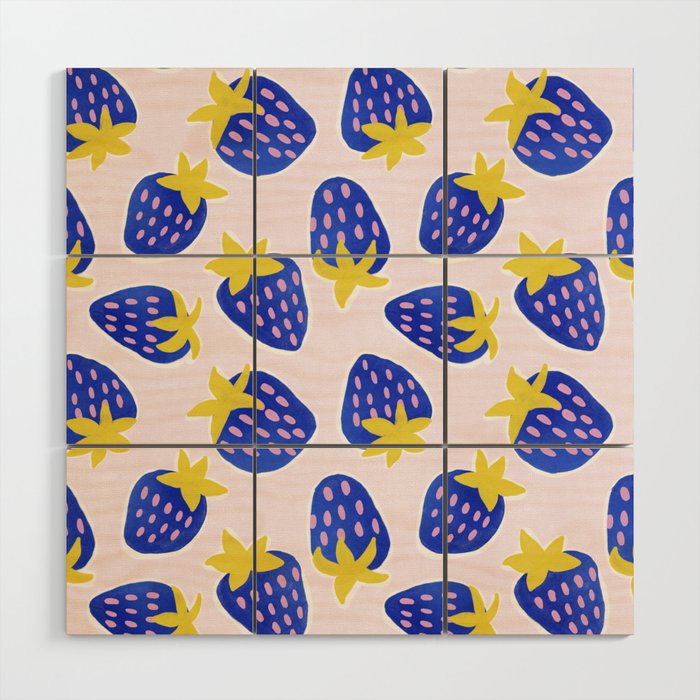 Vibrant Blue Strawberry Pattern Wood Wall Art Gallery Image 1