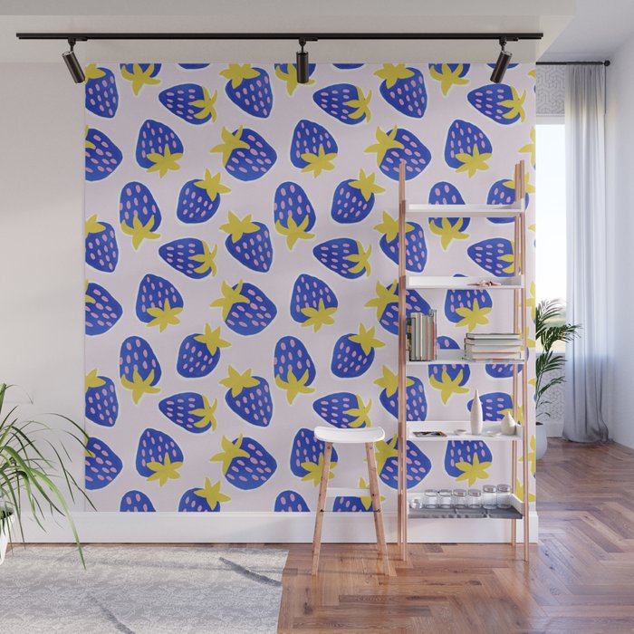 Vibrant Blue Strawberry Pattern Wall Mural Gallery Image 1