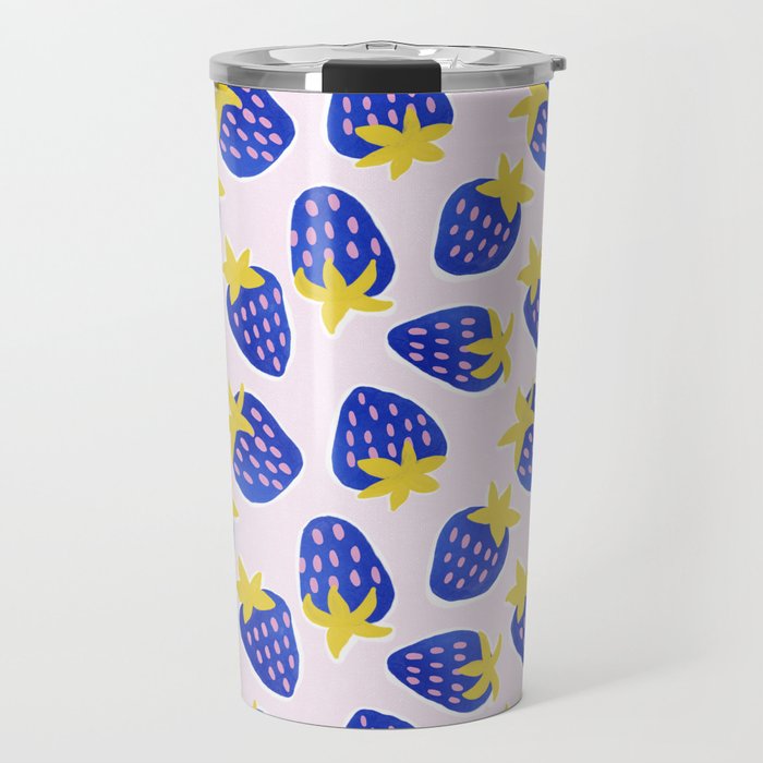 Vibrant Blue Strawberry Pattern Travel Mug Gallery Image 1