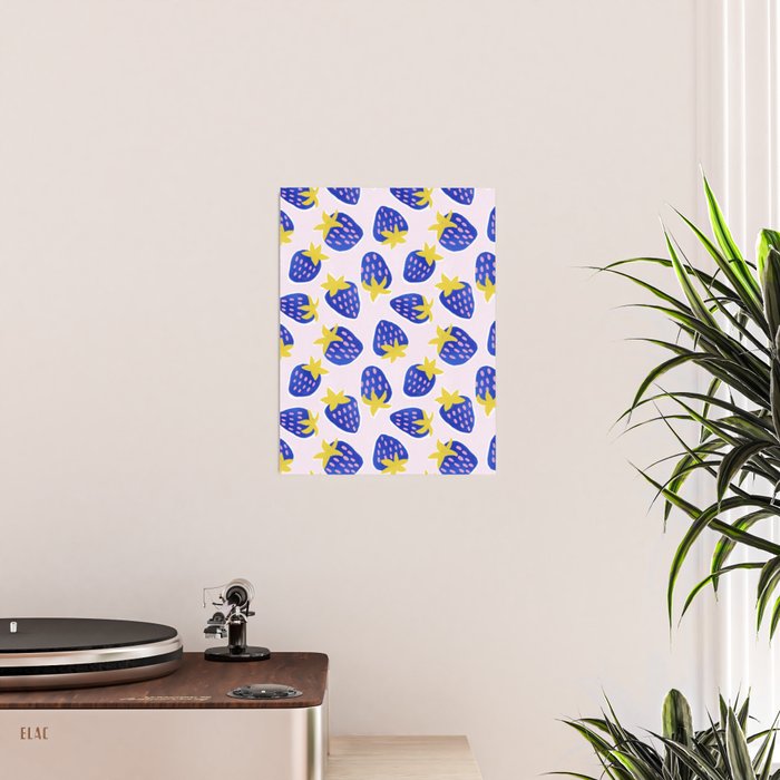Vibrant Blue Strawberry Pattern Poster Gallery Image 2