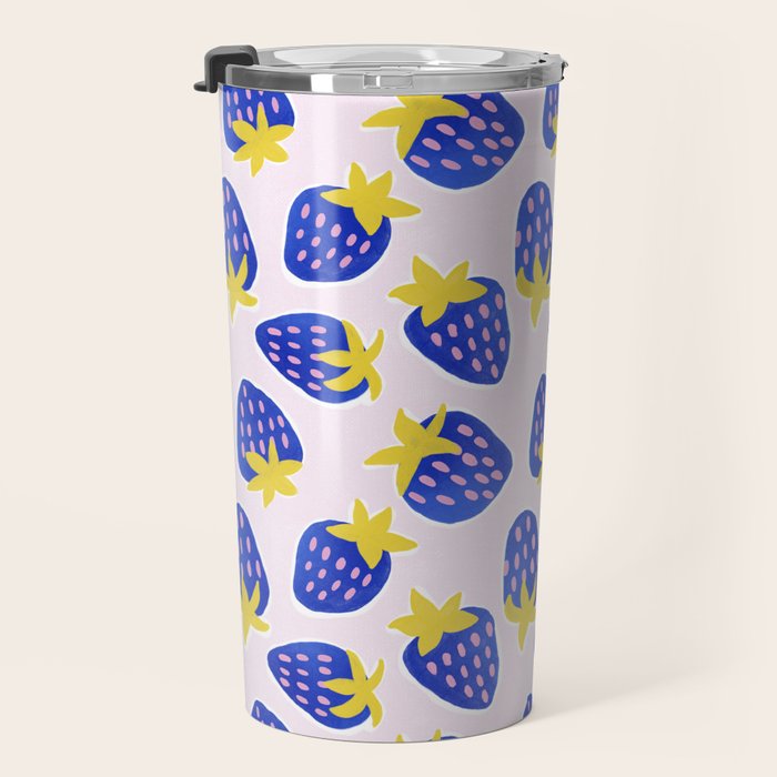 Vibrant Blue Strawberry Pattern Travel Mug Gallery Image 3