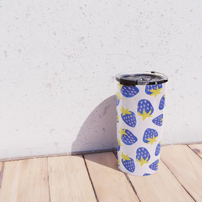 Vibrant Blue Strawberry Pattern Travel Mug Gallery Image 4