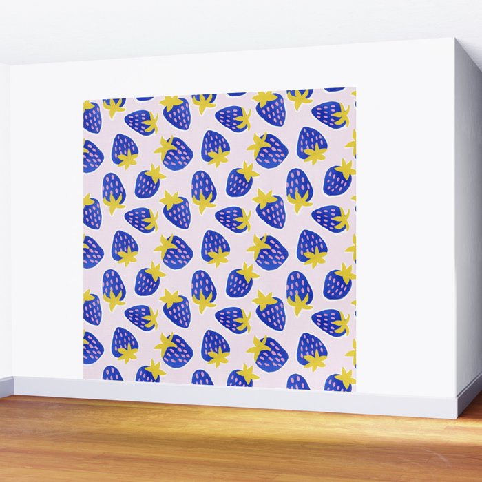 Vibrant Blue Strawberry Pattern Wall Mural Gallery Image 2