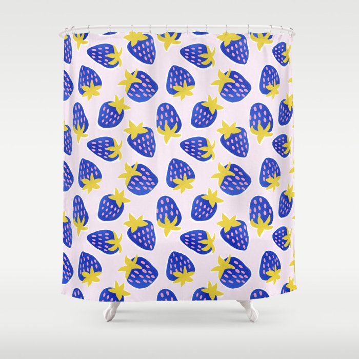 Vibrant Blue Strawberry Pattern Shower Curtain Gallery Image 1
