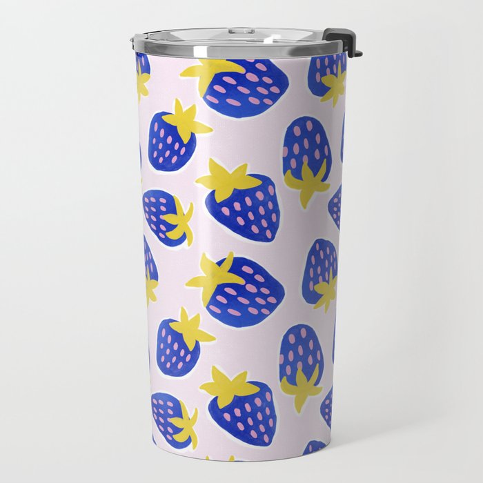 Vibrant Blue Strawberry Pattern Travel Mug Gallery Image 2