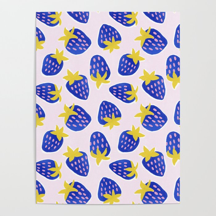 Vibrant Blue Strawberry Pattern Poster Gallery Image 1