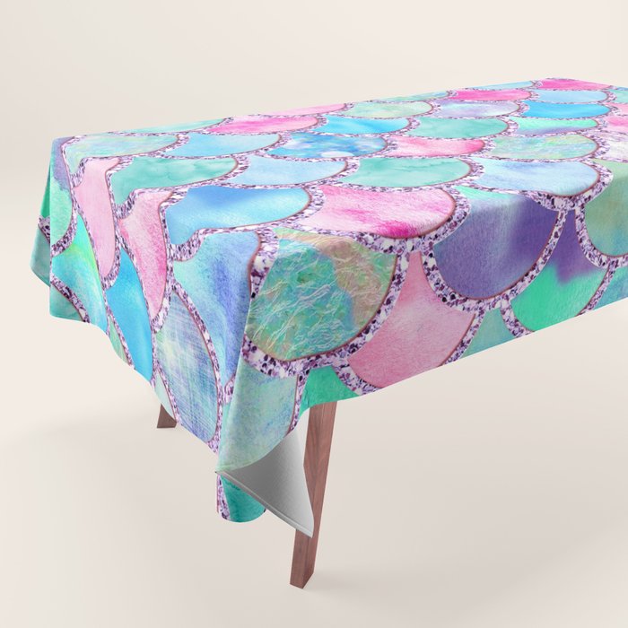 Colorful Pink and Blue Watercolor Trendy Glitter Mermaid Scales  Tablecloth Gallery Image 1
