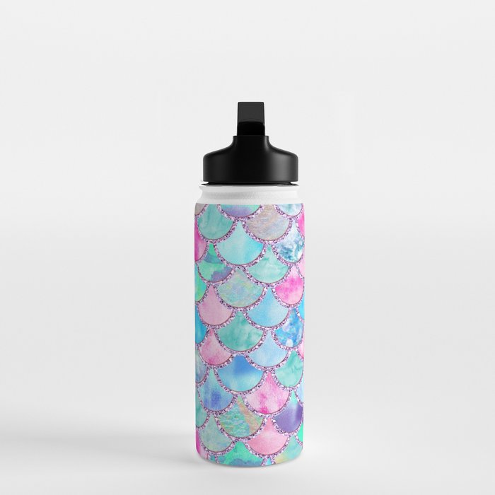 Colorful Pink and Blue Watercolor Trendy Glitter Mermaid Scales  Water Bottle Gallery Image 3