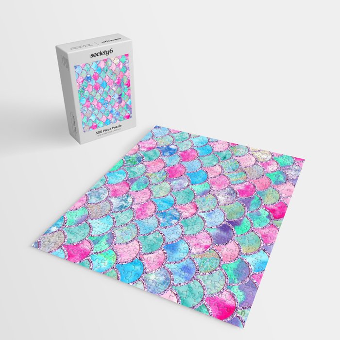 Colorful Pink and Blue Watercolor Trendy Glitter Mermaid Scales  Jigsaw Puzzle Gallery Image 2