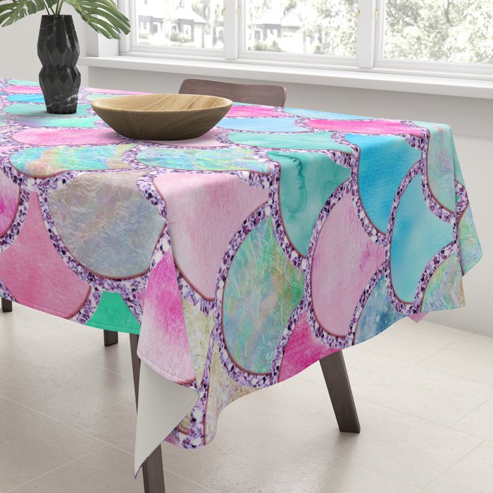 Colorful Pink and Blue Watercolor Trendy Glitter Mermaid Scales  Tablecloth Gallery Image 3