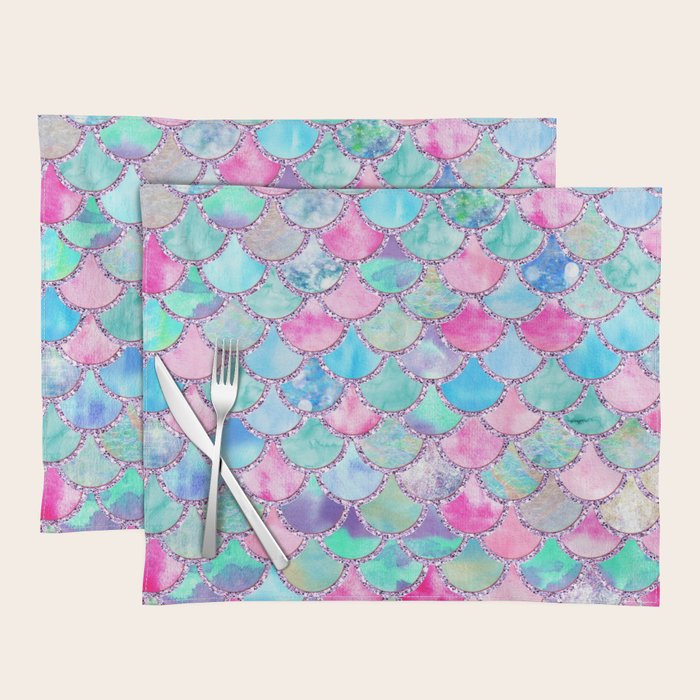Colorful Pink and Blue Watercolor Trendy Glitter Mermaid Scales  Placemat Gallery Image 1