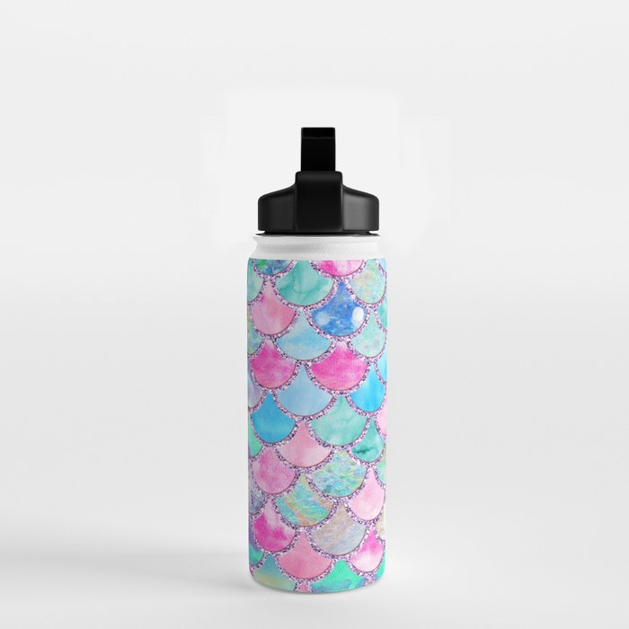 Colorful Pink and Blue Watercolor Trendy Glitter Mermaid Scales  Water Bottle Gallery Image 2