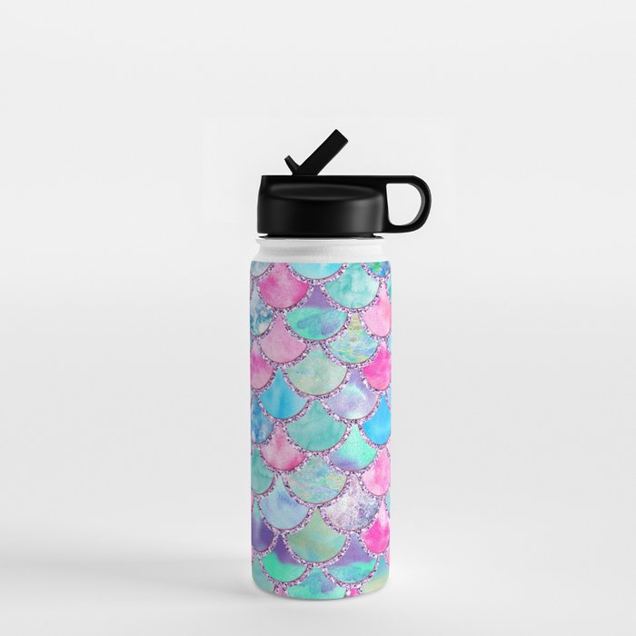 Colorful Pink and Blue Watercolor Trendy Glitter Mermaid Scales  Water Bottle Gallery Image 1
