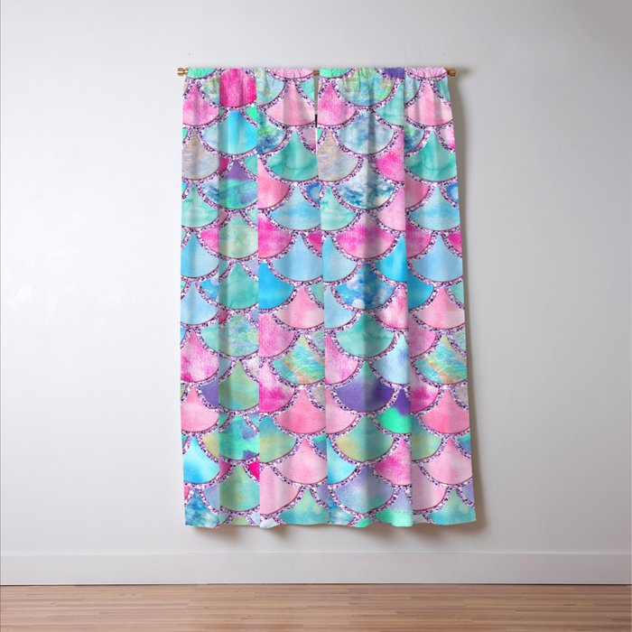 Colorful Pink and Blue Watercolor Trendy Glitter Mermaid Scales  Window Curtain Gallery Image 3