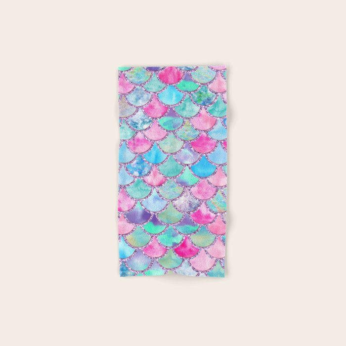 Colorful Pink and Blue Watercolor Trendy Glitter Mermaid Scales  Bath Towel Gallery Image 1