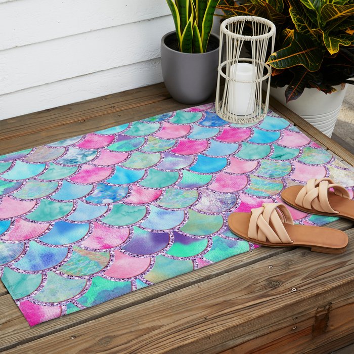 Colorful Pink and Blue Watercolor Trendy Glitter Mermaid Scales  Outdoor Rug Gallery Image 2