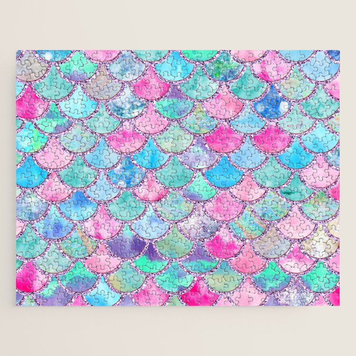 Colorful Pink and Blue Watercolor Trendy Glitter Mermaid Scales  Jigsaw Puzzle Gallery Image 1
