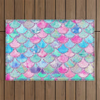Colorful Pink and Blue Watercolor Trendy Glitter Mermaid Scales  Outdoor Rug Gallery Image 1