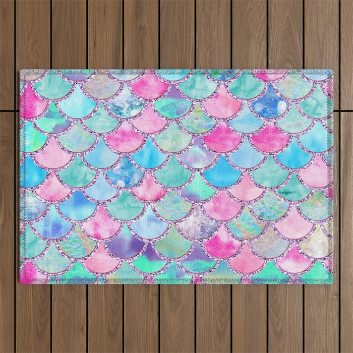 Colorful Pink and Blue Watercolor Trendy Glitter Mermaid Scales  Outdoor Rug Gallery Image 1