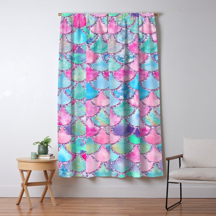 Colorful Pink and Blue Watercolor Trendy Glitter Mermaid Scales  Window Curtain Gallery Image 5