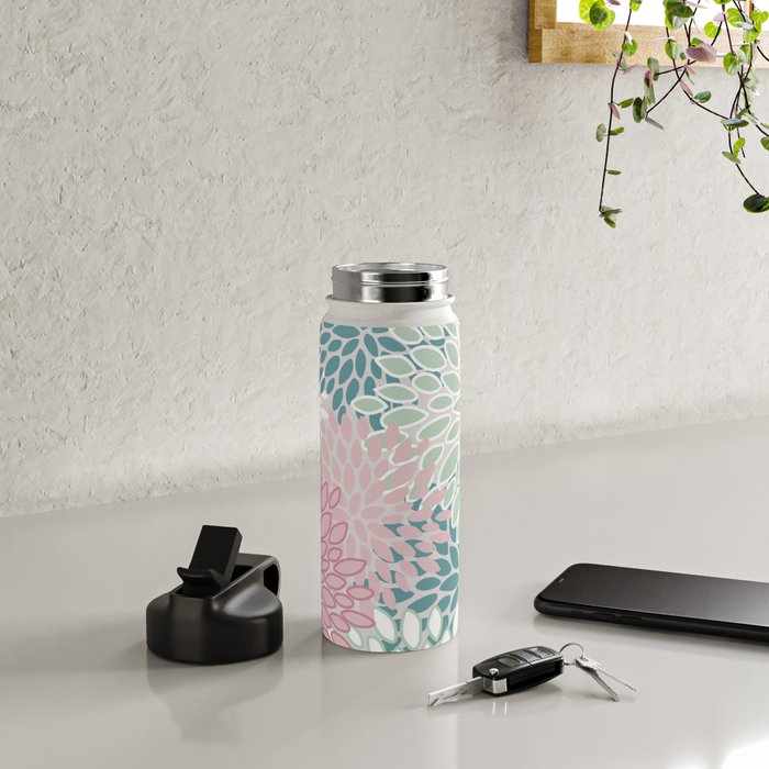 Floral Blooms, Soft Pink, Green and Teal, Design Prints Water Bottle Gallery Image 4