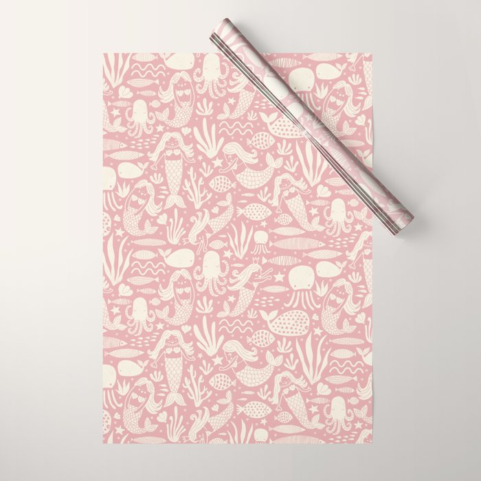 Underwater Fairytale Ocean Fish Mermaid Pattern Rose Pink Wrapping Paper Gallery Image 1