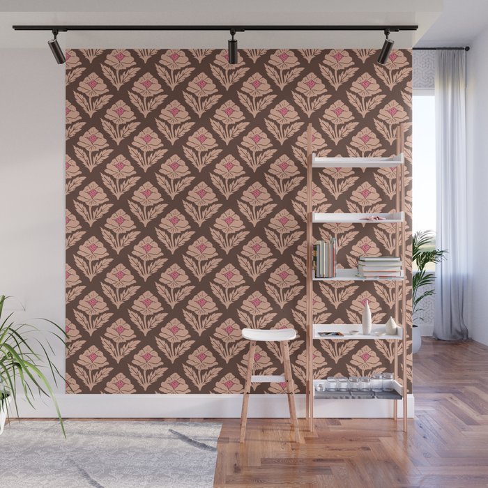 Heirloom Floral Block Print - Pink Brown Wall Mural Gallery Image 1