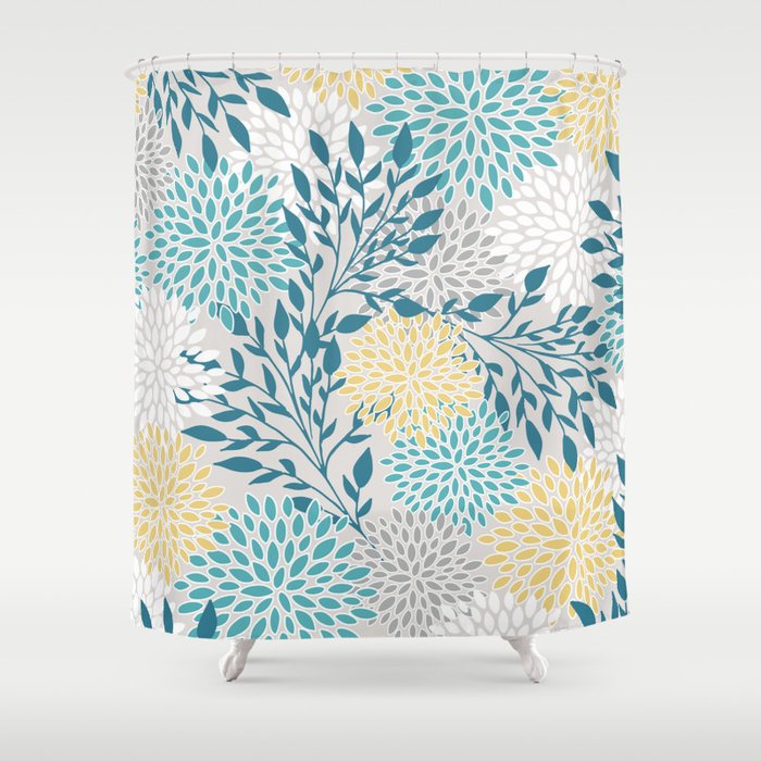 Garden Florals, Yellow, Teal, Gray Shower Curtain Gallery Image 1