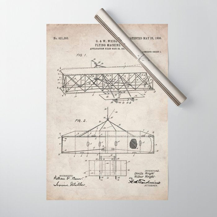Wright Brother's Airplane Patent - Aviation History Art - Antique Wrapping Paper Gallery Image 1