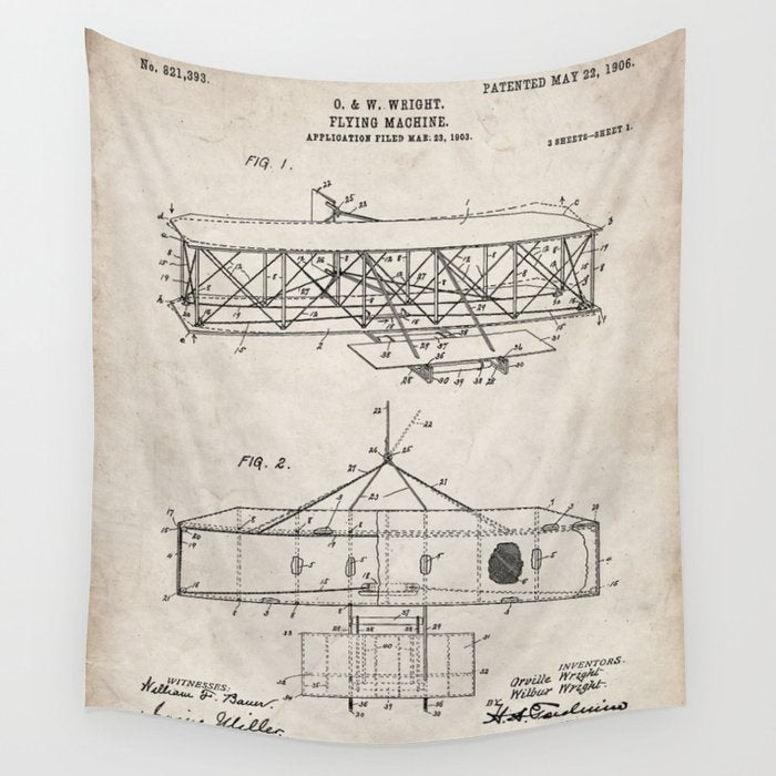 Wright Brother's Airplane Patent - Aviation History Art - Antique Wall Tapestry Gallery Image 1