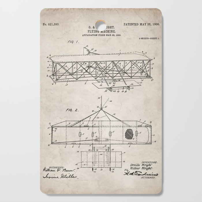 Wright Brother's Airplane Patent - Aviation History Art - Antique Cutting Board Gallery Image 1