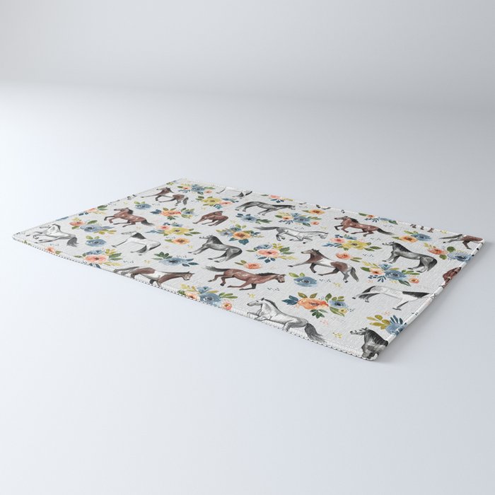 Horses and Flowers Pattern, Floral Horses, Hand-Painted, Horse Love, Watercolor, For Girls Rug Gallery Image 3