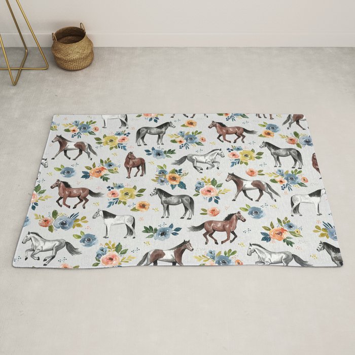 Horses and Flowers Pattern, Floral Horses, Hand-Painted, Horse Love, Watercolor, For Girls Rug Gallery Image 2