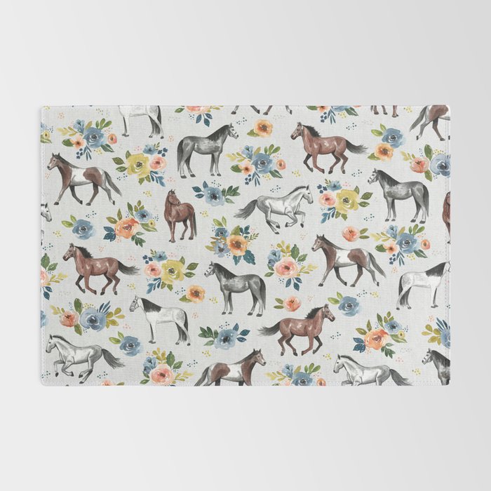 Horses and Flowers Pattern, Floral Horses, Hand-Painted, Horse Love, Watercolor, For Girls Rug Gallery Image 2