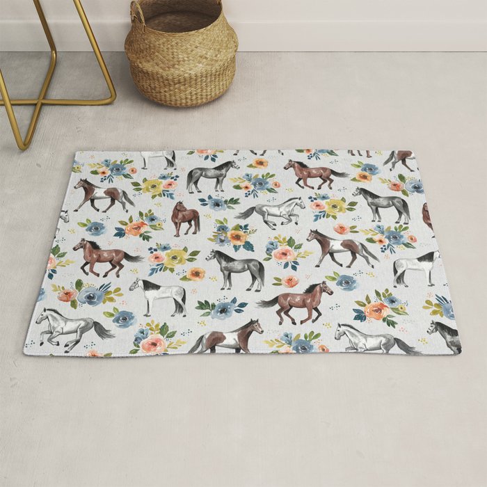 Horses and Flowers Pattern, Floral Horses, Hand-Painted, Horse Love, Watercolor, For Girls Rug Gallery Image 1