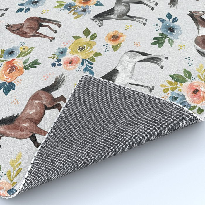 Horses and Flowers Pattern, Floral Horses, Hand-Painted, Horse Love, Watercolor, For Girls Rug Gallery Image 4