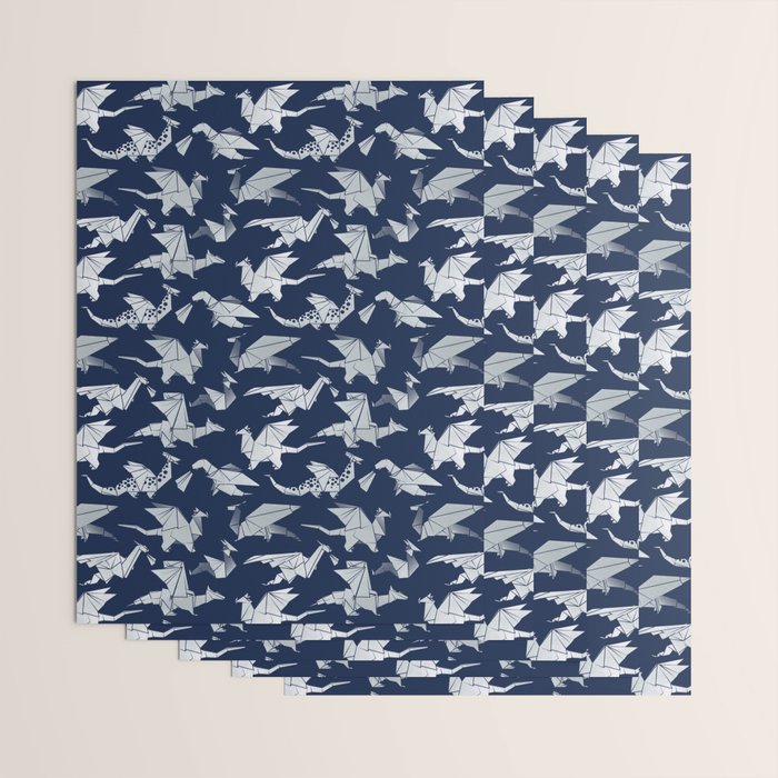 Origami metallic dragon friends // oxford navy blue background metal silver fantasy animals Wrapping Paper Gallery Image 3
