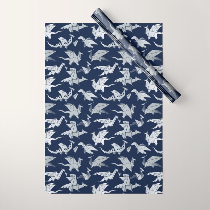 Origami metallic dragon friends // oxford navy blue background metal silver fantasy animals Wrapping Paper Gallery Image 1