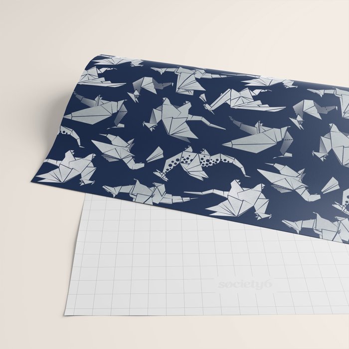 Origami metallic dragon friends // oxford navy blue background metal silver fantasy animals Wrapping Paper Gallery Image 2