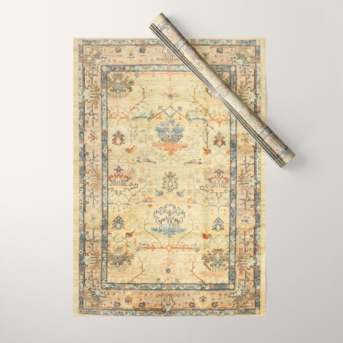 Fine Crafted Old Century Authentic Colorful Yellow Dusty Blues Greys Vintage Rug Pattern Wrapping Paper Gallery Image 1