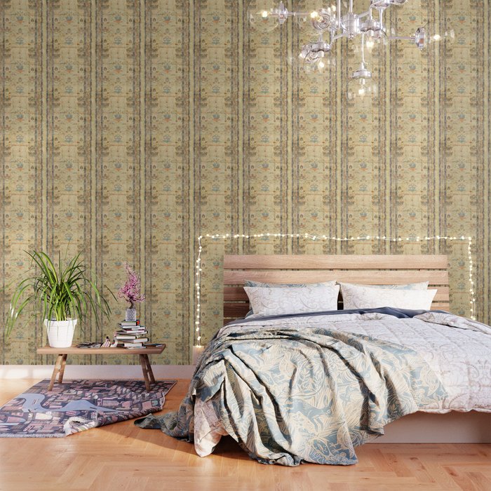 Fine Crafted Old Century Authentic Colorful Yellow Dusty Blues Greys Vintage Rug Pattern Wallpaper Gallery Image 3