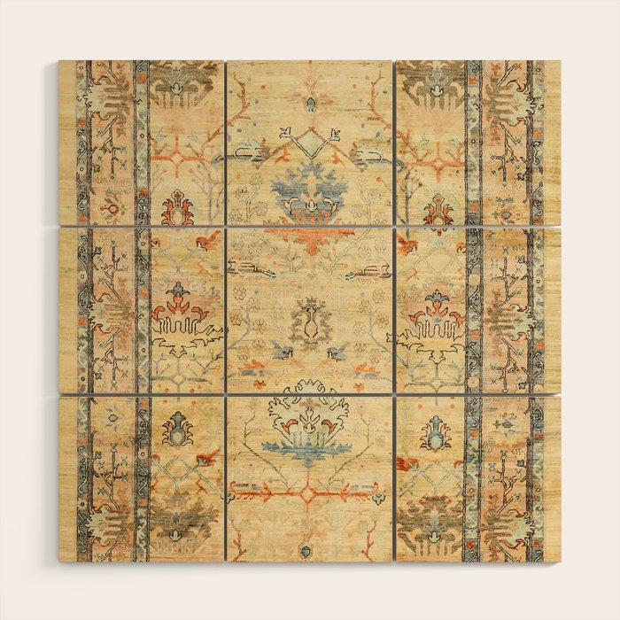 Fine Crafted Old Century Authentic Colorful Yellow Dusty Blues Greys Vintage Rug Pattern Wood Wall Art Gallery Image 1