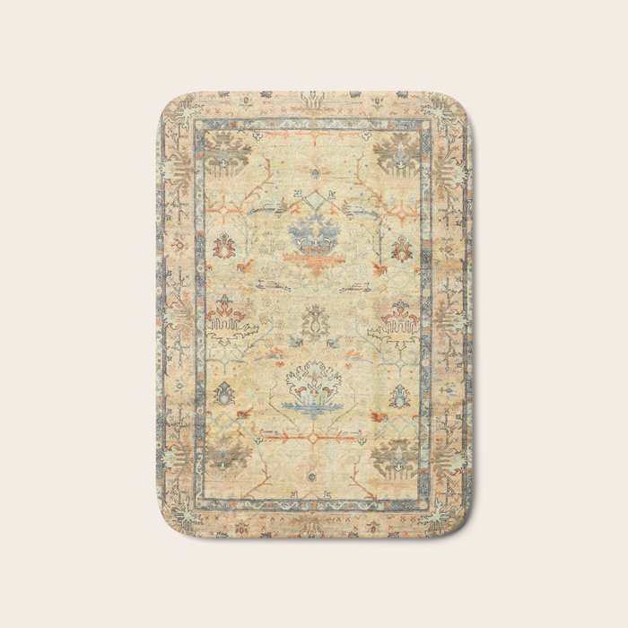 Fine Crafted Old Century Authentic Colorful Yellow Dusty Blues Greys Vintage Rug Pattern Bath Mat Gallery Image 1