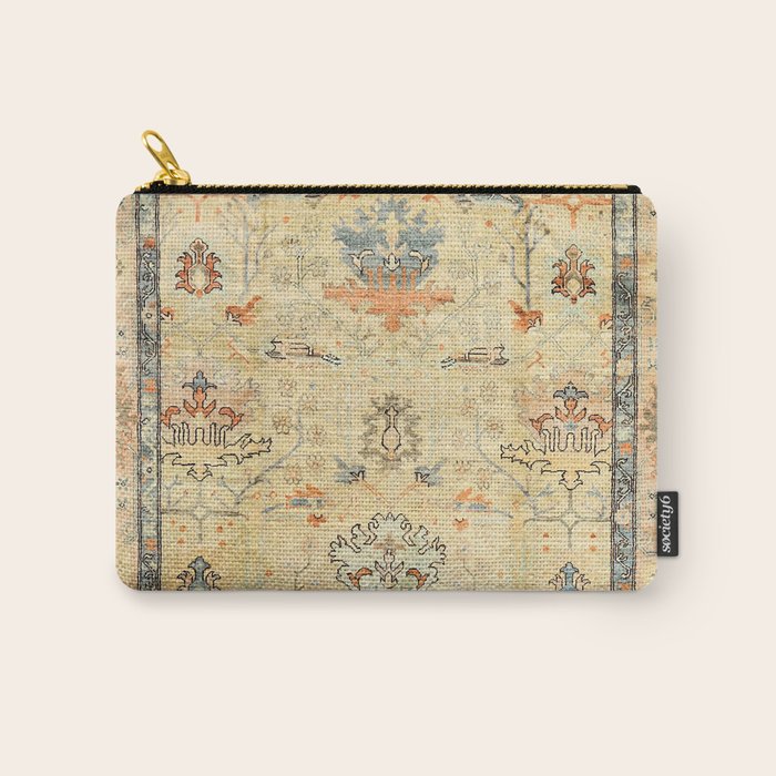 Fine Crafted Old Century Authentic Colorful Yellow Dusty Blues Greys Vintage Rug Pattern Carry All Pouch Gallery Image 1