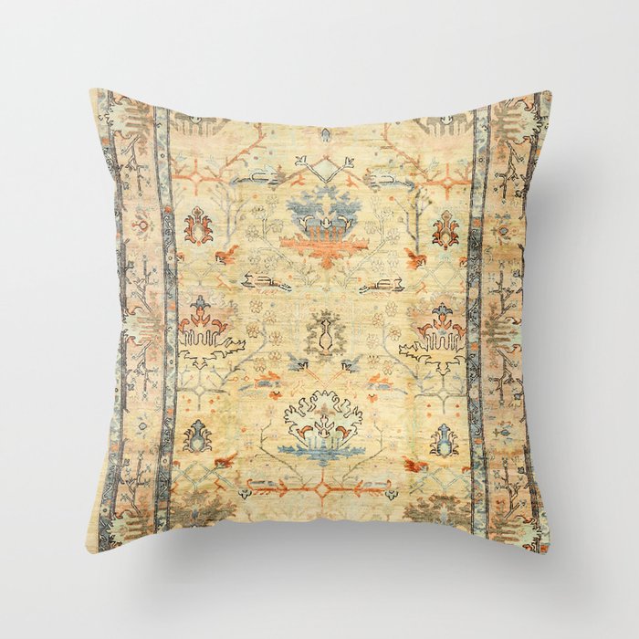 Fine Crafted Old Century Authentic Colorful Yellow Dusty Blues Greys Vintage Rug Pattern Throw Pillow Gallery Image 6