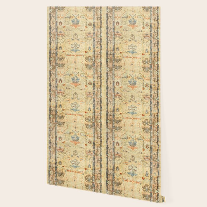 Fine Crafted Old Century Authentic Colorful Yellow Dusty Blues Greys Vintage Rug Pattern Wallpaper Gallery Image 2