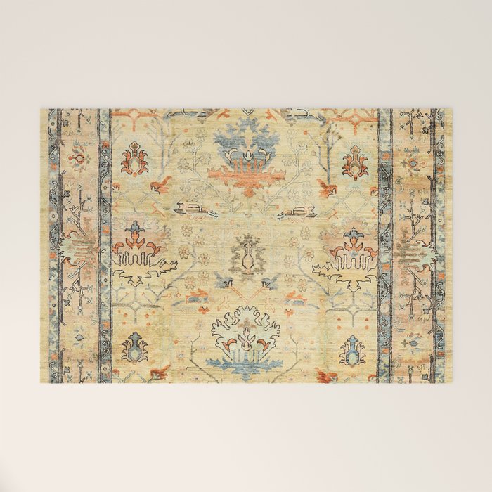 Fine Crafted Old Century Authentic Colorful Yellow Dusty Blues Greys Vintage Rug Pattern Welcome Mat
